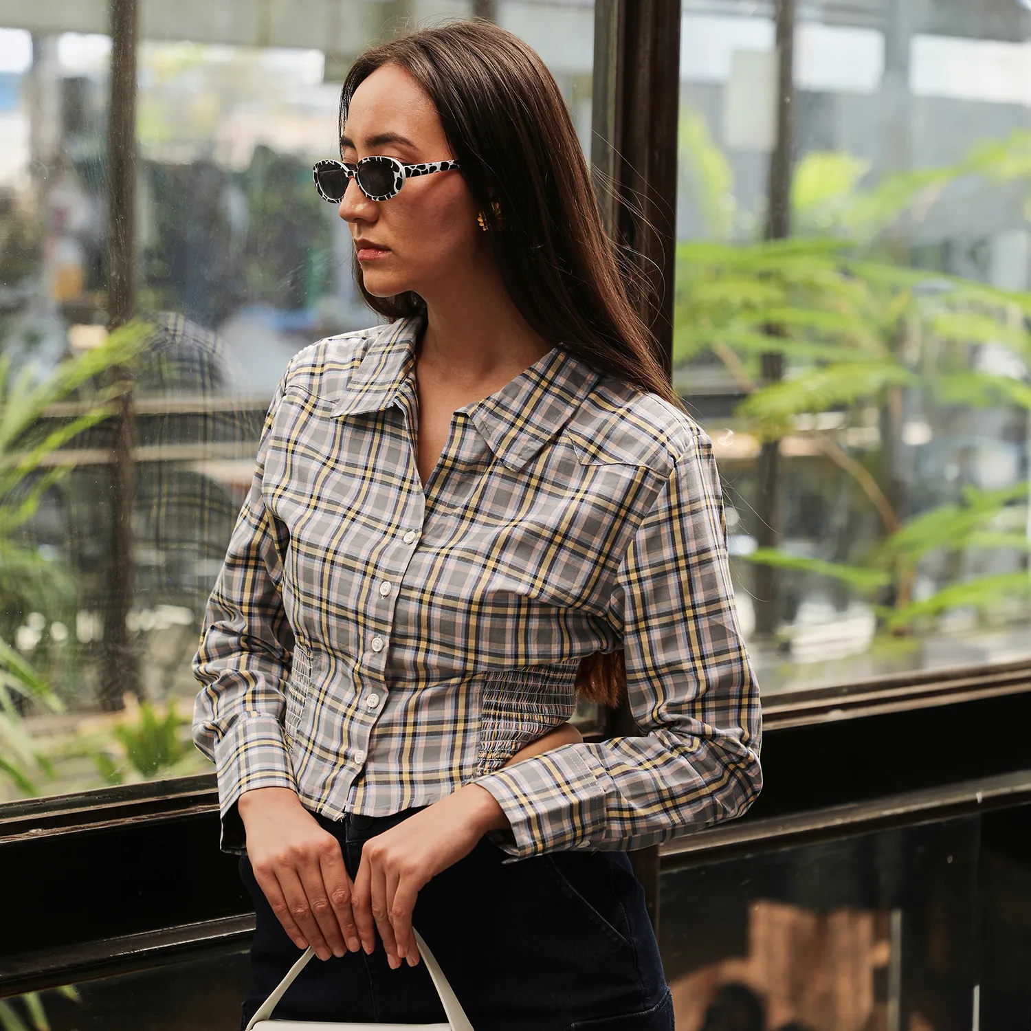 Tartan Plaid Cinched Cropped Shirt - Image 3