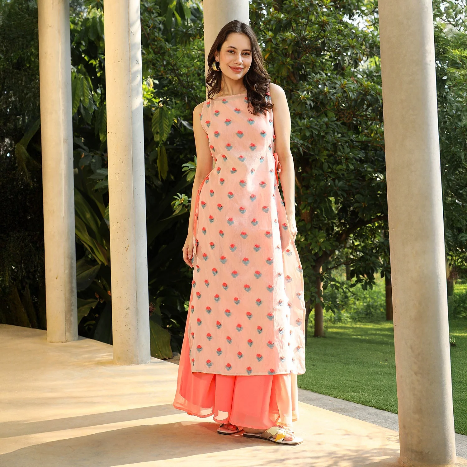 Bloom Motif Kurta With Crop Top And Palazzo - Image 10