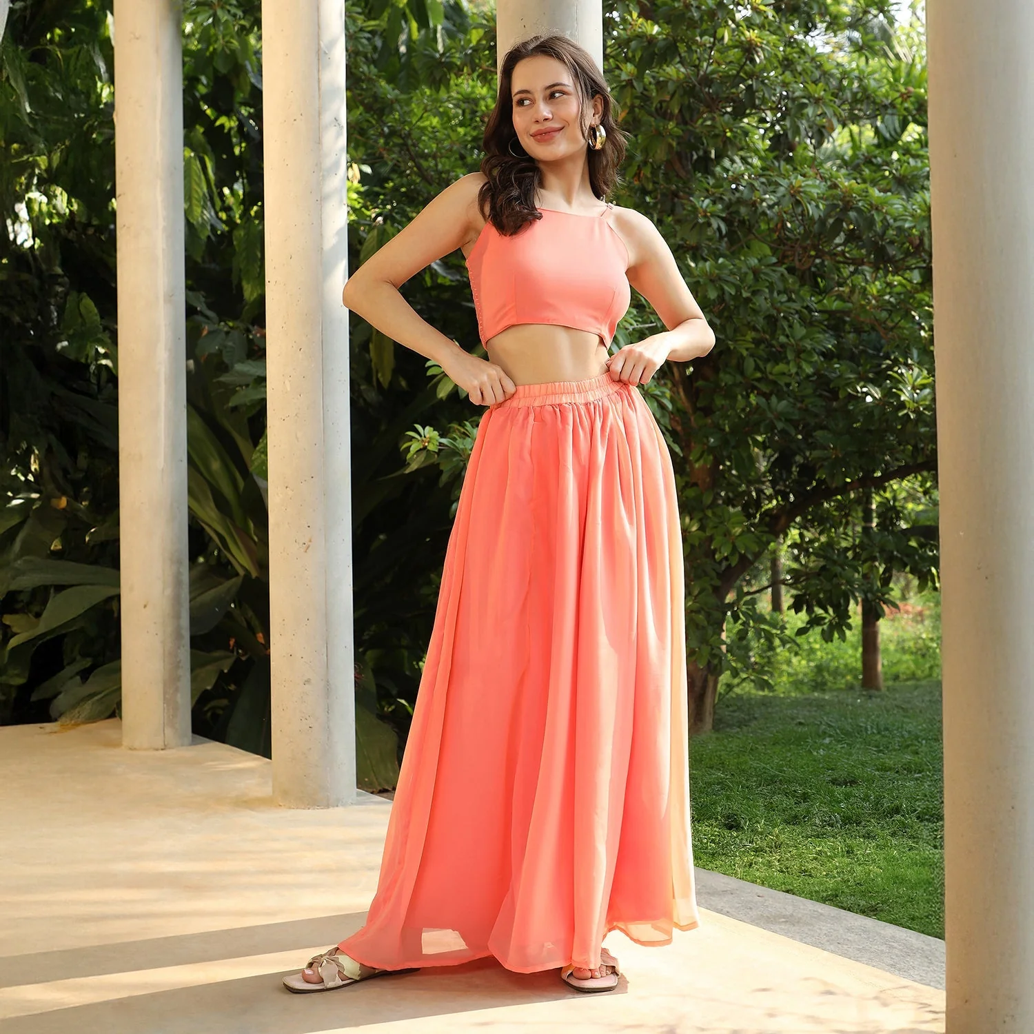 Bloom Motif Kurta With Crop Top And Palazzo - Image 6