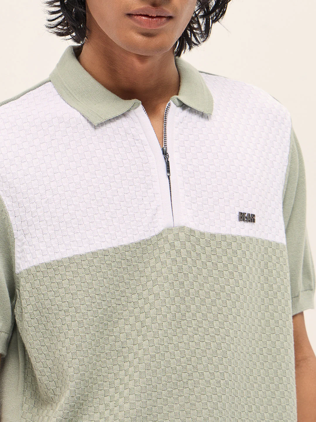 Light Green and White Geometric Textured Knit Regular Fit Polo Shirt - Image 5