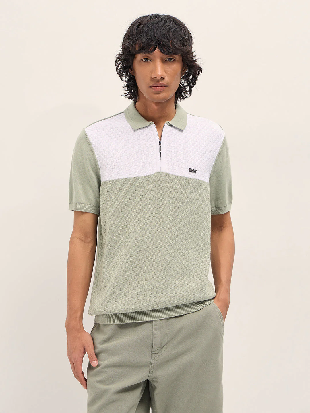 Light Green and White Geometric Textured Knit Regular Fit Polo Shirt - Image 6
